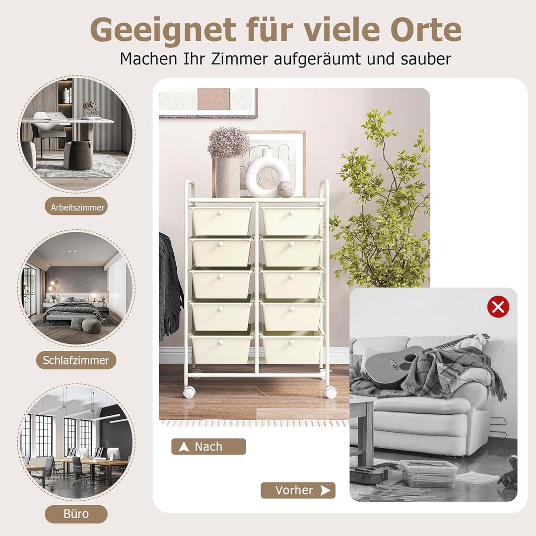 GOPLUS Rollwagen mit 10 Schubladen stapelbar, Rollcontainer mit Ablage & Metallgestell, Badregal, Au