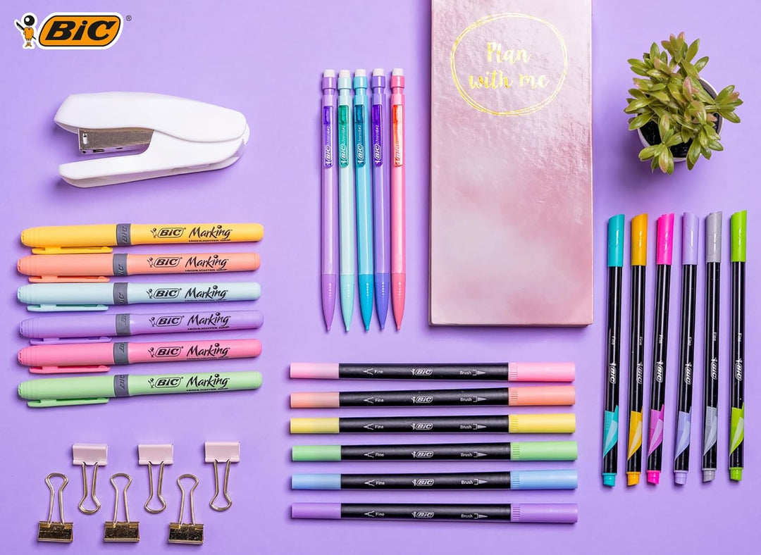 BIC Schreibwaren Set Pastell à 23: 6 Textmarker, 5 Fineliner, 6 Bleistifte, 6 Dual Tip Brush Pens, j