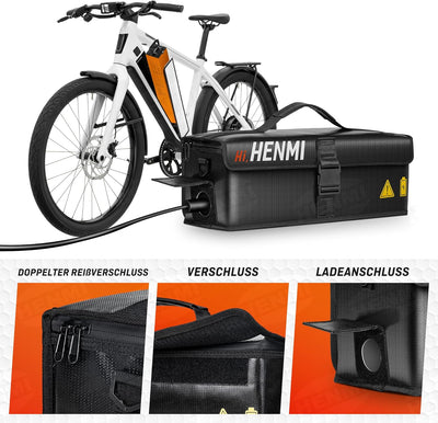 HENMI Ebike Akku Tasche, 1000 °C Feuerfest Zum Sicheren Lagern, Transportieren, Laden, 41 x 13 x 12