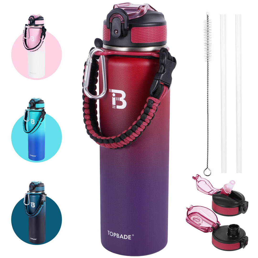 TOPBADE Edelstahl Trinkflasche Sport mit Strohhalm Deckel & Chug Deckel 1L, BPA-Frei Isolierte Wasse
