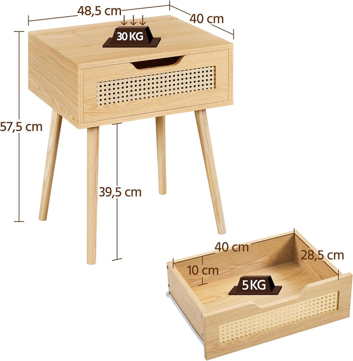 Yaheetech Nachttisch Rattan Beistelltisch Nachtkommode mit 1 Schublade Holzbeine Sofatisch Nachtschr