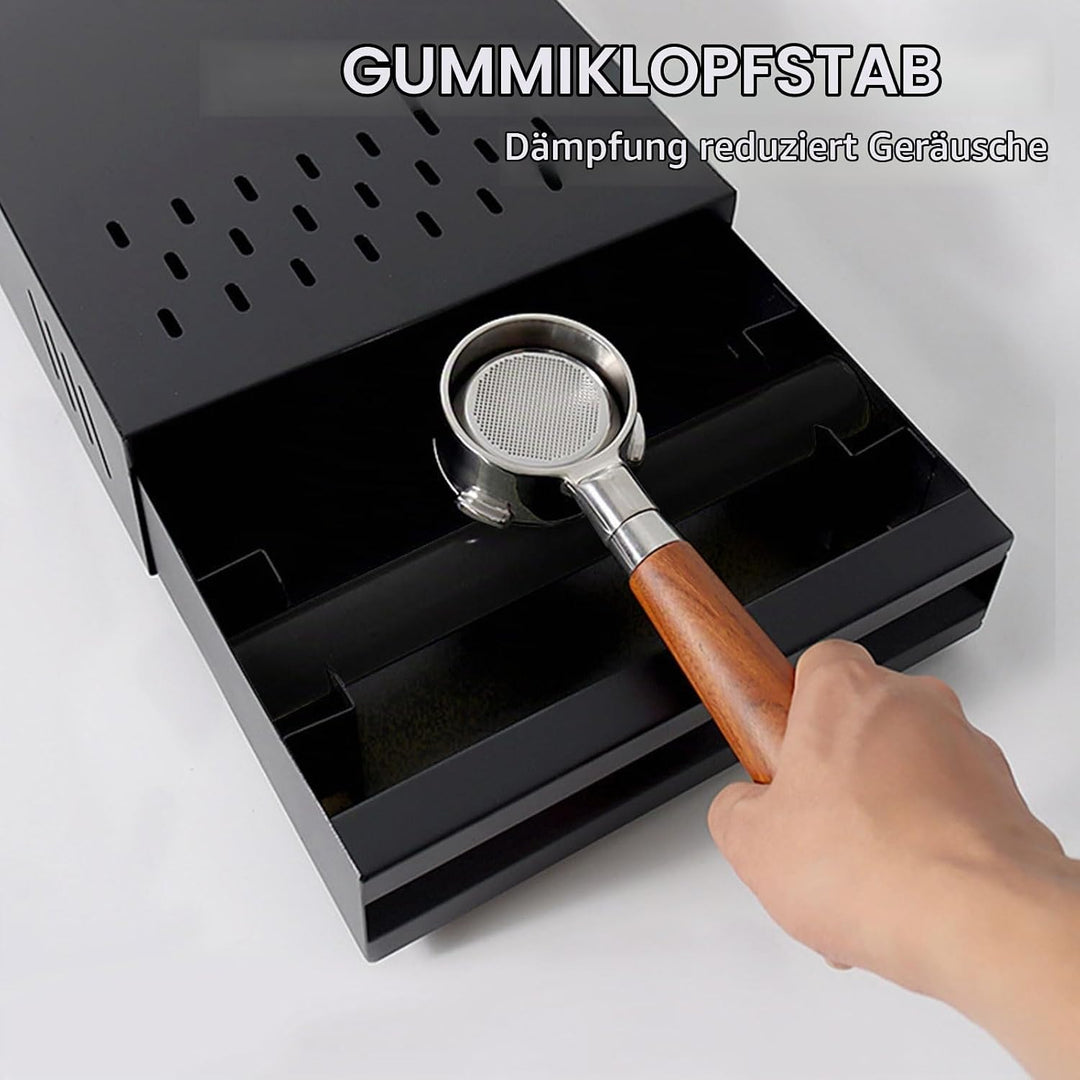Espresso Abklopfbehälter mit Schublade – Edelstahl Knock Box mit Gummistange &amp; Anti-Rutsch-Füssen, S