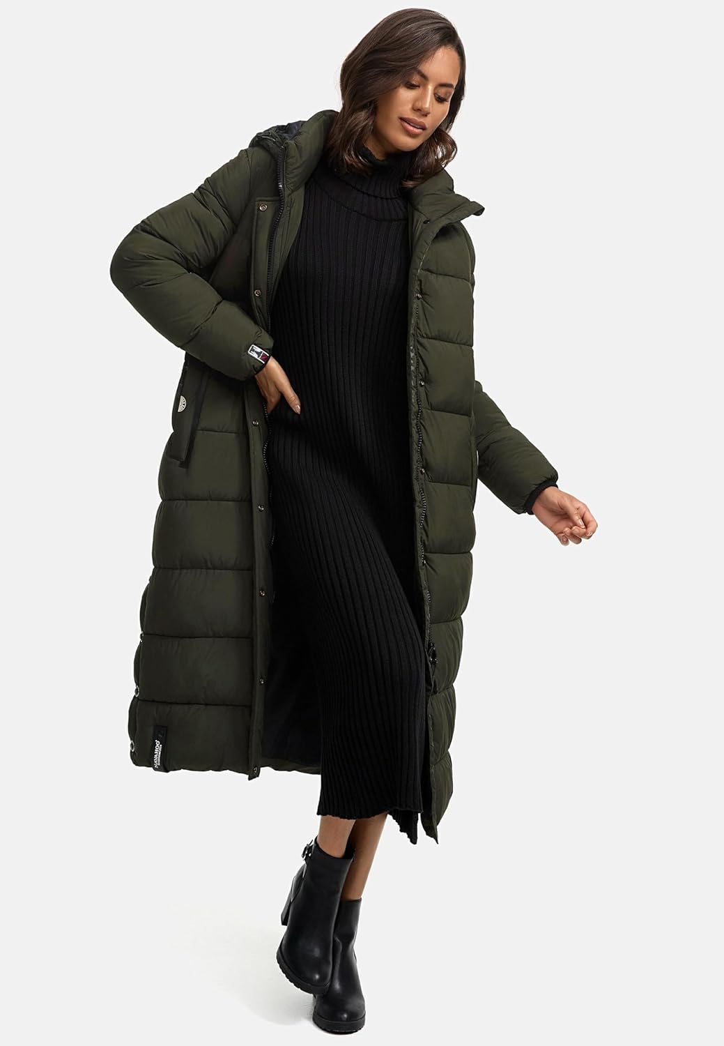 Navahoo Damen Wintermantel Warmer Steppmantel lang mit Abnehmbarer Kapuze Isalie XS-XXL XL Dark Oliv