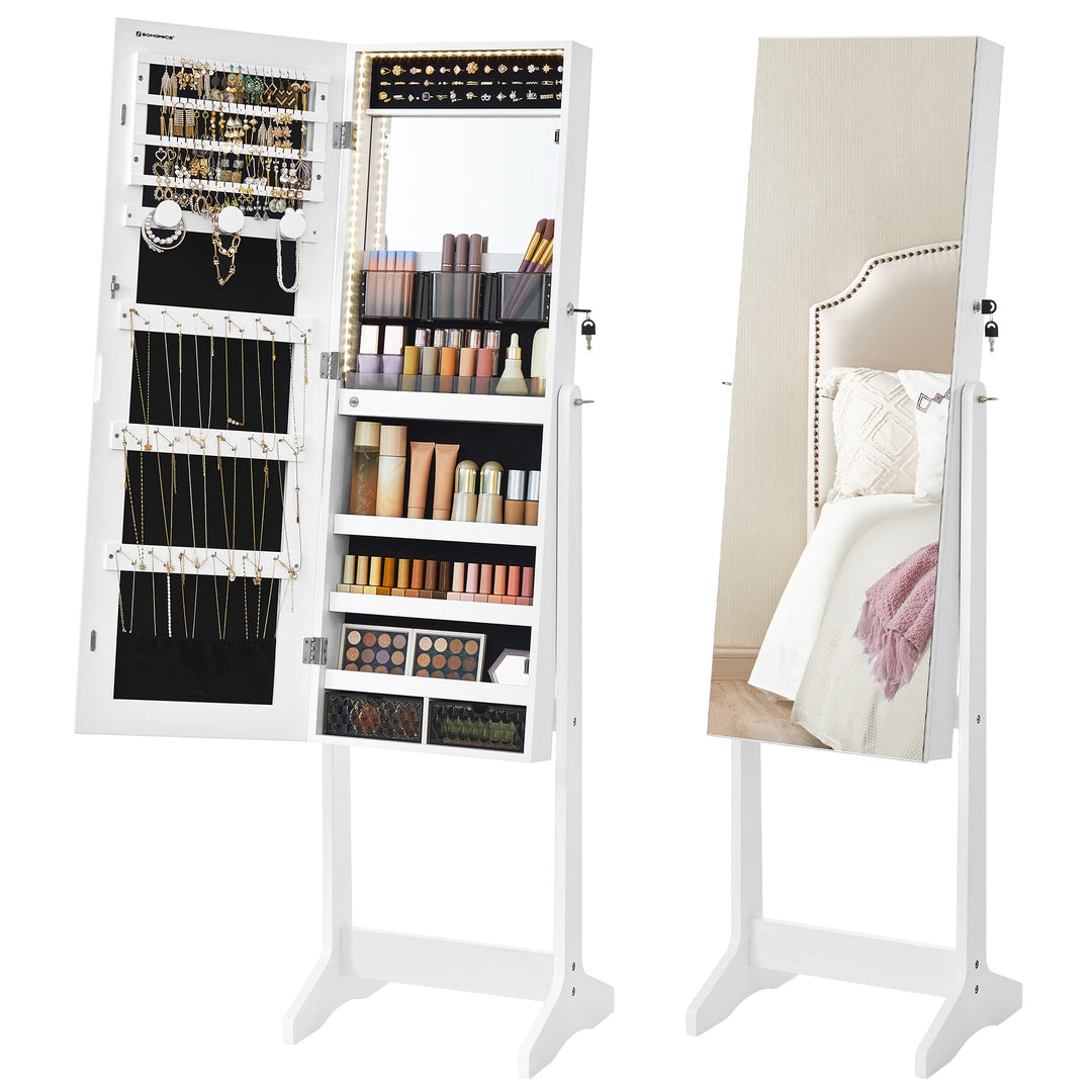 SONGMICS Schmuckschrank, Spiegelschrank, mit rahmenlosem Ganzkörperspiegel, LED-Beleuchtung, Innensp