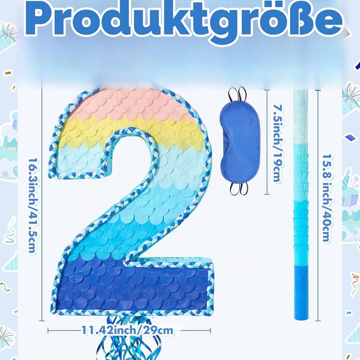 WERNNSAI Nummer 2 Piñata Set - Blaue Deko mit Augenbinde &amp; Schläger | Aus robuster Wellpappe; ideale