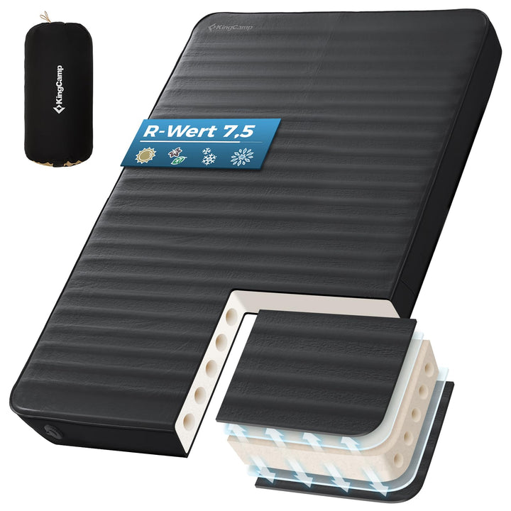 KingCamp Isomatte Selbstaufblasend Camping Komfort 3D 7,5cm Dick R-7,5 2 Personen Schwarz 7,5cm, 2 P
