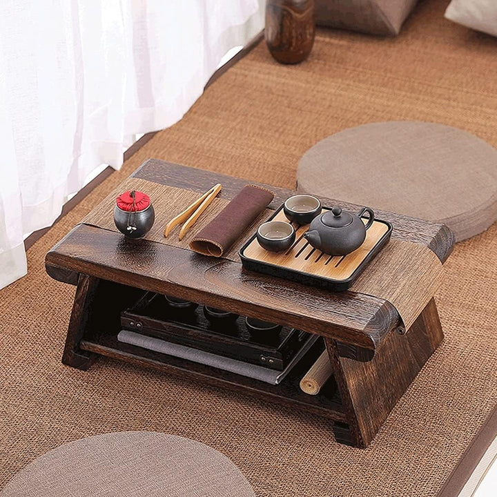Beistelltisch, Couchtisch 2-stufig mit Ablageregal, Retro japanischer Teetisch, Tatami-Tisch für Woh