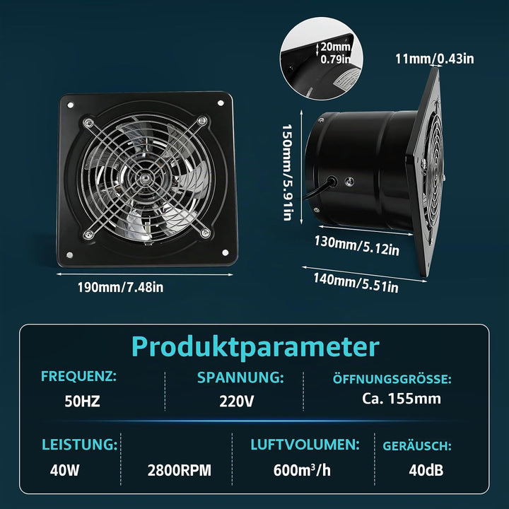150mm Abluftventilator 600m³/h, Leiser mit Schalter, Stecker, Rückstauklappe, 40W Industrieller Wand