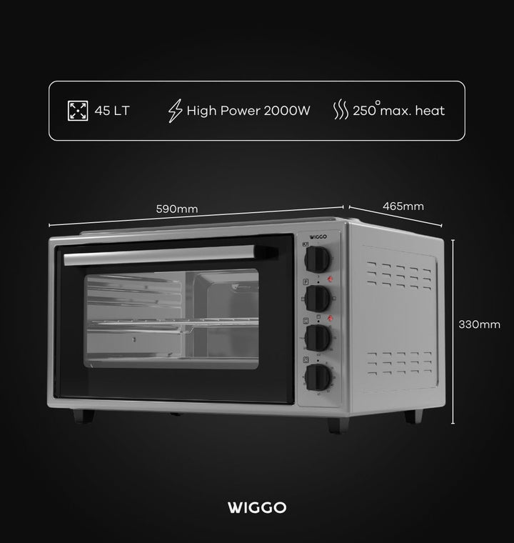 Wiggo Miniofen mit Kochplatte - 2000W, 45 Liter, Vielseitige 6-in-1 Funktionen: Ober-/Unterhitze, Um