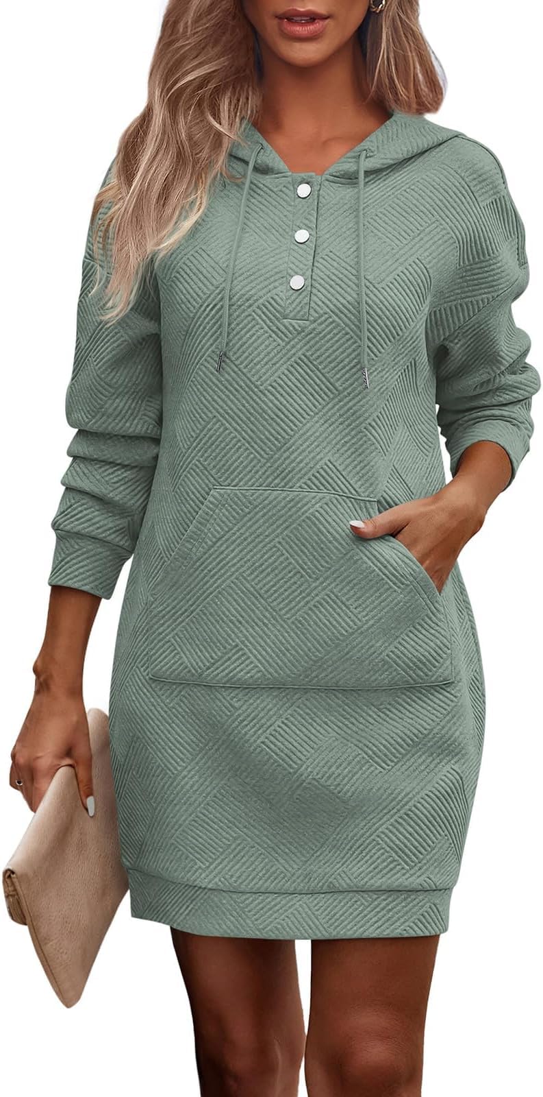 TrendiMax Damen Hoodie Kleid Herbst Übergangs Kapuzenpullover Sweatkleid Textur Knopf Langarm Sweats