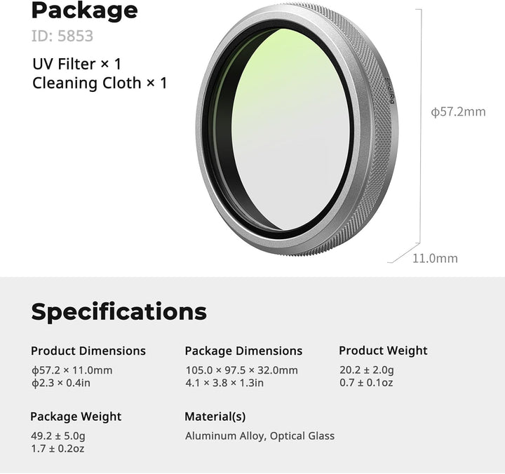 SmallRig UV-Filter für FUJIFILM X100VI / X100V, 99% Lichtdurchlässigkeit, optisches Glasobjektiv, wa