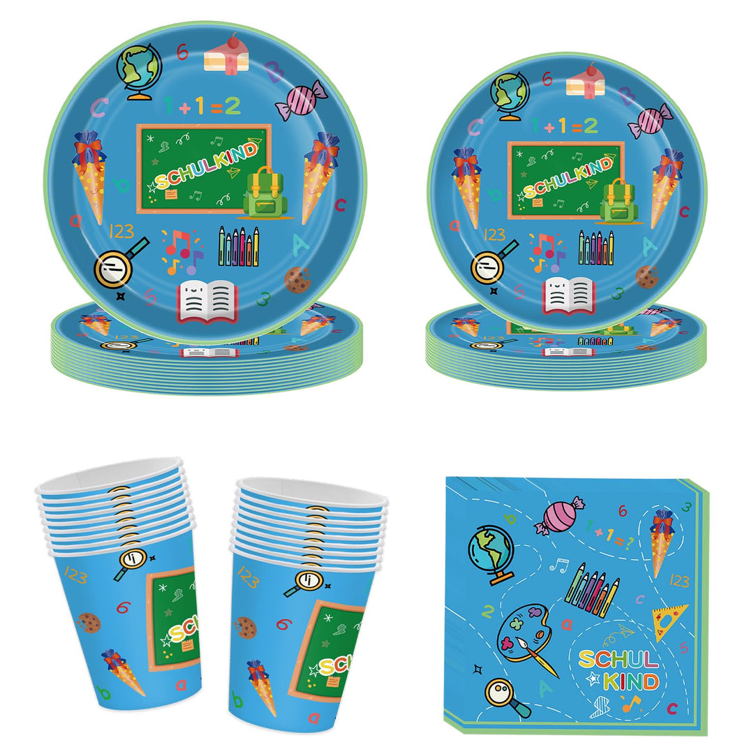Einschulung Partygeschirr Set, 80pcs Schulanfang Pappgeschirr mit Pappteller Pappbecher Servietten f