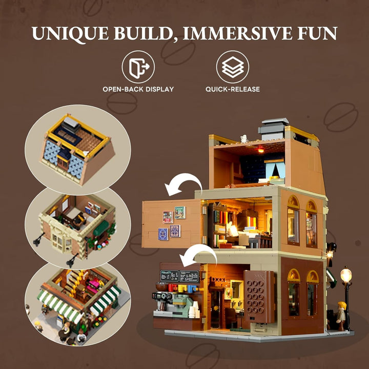 LUMIBRICKS Book Café Beleuchtetes Klemmbaustein-Set, 1707 Teile Modulares Café- und Buchladen-Modell
