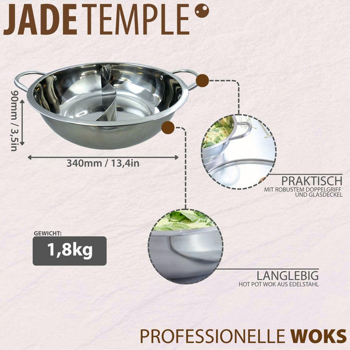 JADE TEMPLE 17105 Edelstahl Hot Pot Wok mit Glasdeckel, D: 34 cm