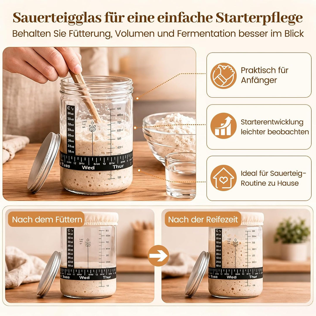 Sauerteig Starter Set, Gärkorb & Sauerteigglas, 21-teilig Gärkorb Brot Set | Brot Backen Zubehör für