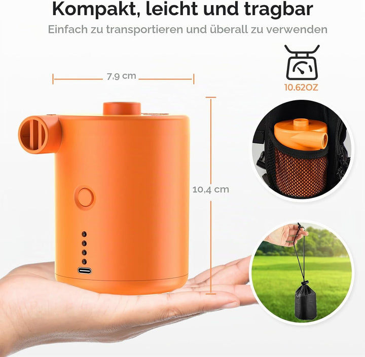 BOSONER Elektrische Luftpumpe mit Akku: 4000 mAh, wiederaufladbare Luftpumpe mit 3 Luftdüsen – schne