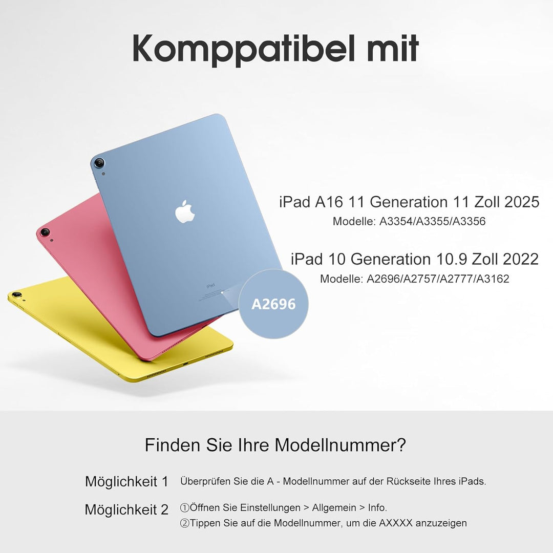 Vobafe Hülle mit Tastatur für iPad A16 11/10 Generation (2025/2022, 10,9/11 Zoll), Magnetisch Abnehm
