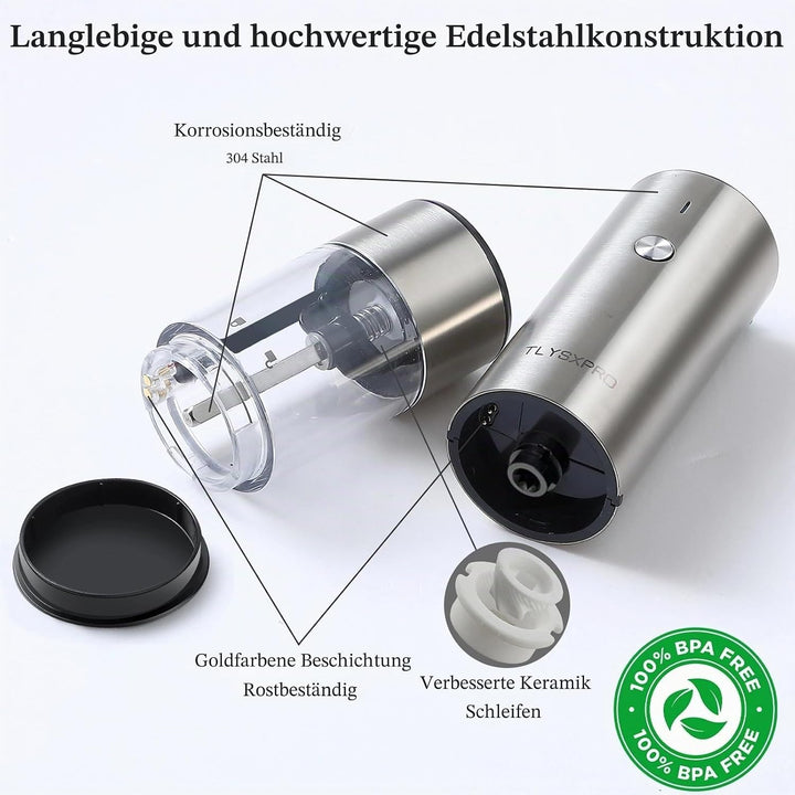 Salz und Pfeffermühle Elektrisch 2er Set, USB Wiederaufladbar, Einstellbarer Grobheit Gewürzmühle, P