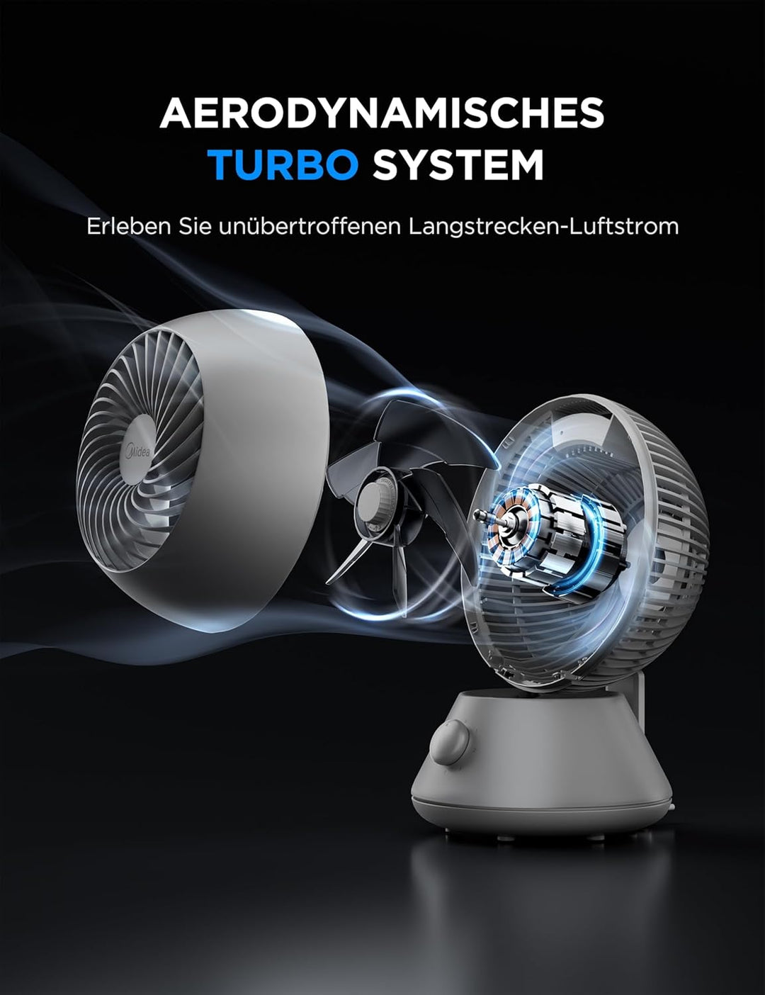 Midea MDF24JG Luftumwälzer Tischventilator-Aerodynamisches Turbosystem, 90°horizontaler Auto-Schwenk
