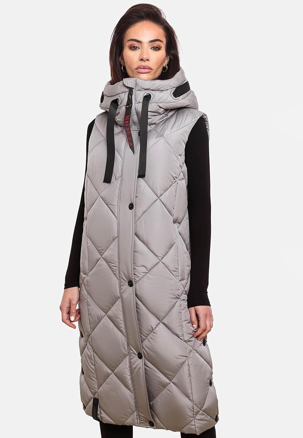 Navahoo warme Damen Winter Steppweste lang mit Kapuze Schnuckel XS-XXL S Zinc Grey, S Zinc Grey