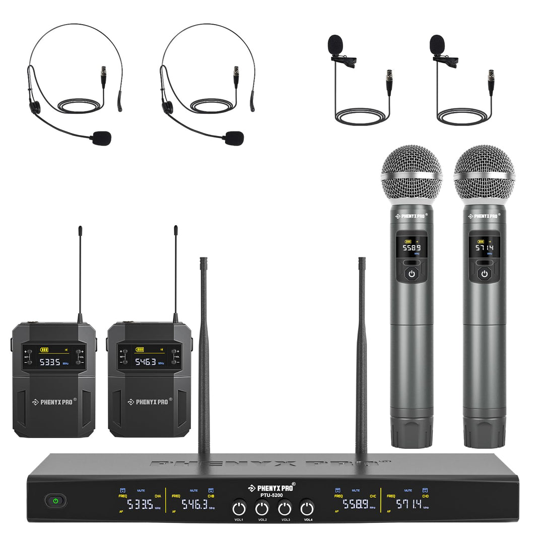 Phenyx Pro Drahtloses Mikrofonsystem, 4-Kanal-Drahtlosmikrofon-Set mit Hand-/Taschen-/Kopfbügel-/Ans