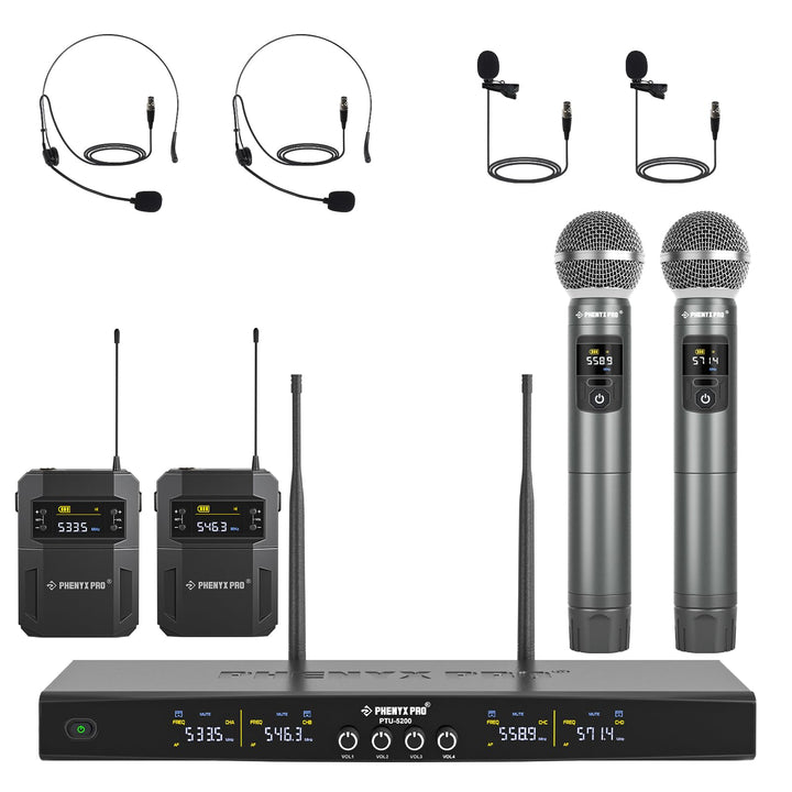 Phenyx Pro Drahtloses Mikrofonsystem, 4-Kanal-Drahtlosmikrofon-Set mit Hand-/Taschen-/Kopfbügel-/Ans