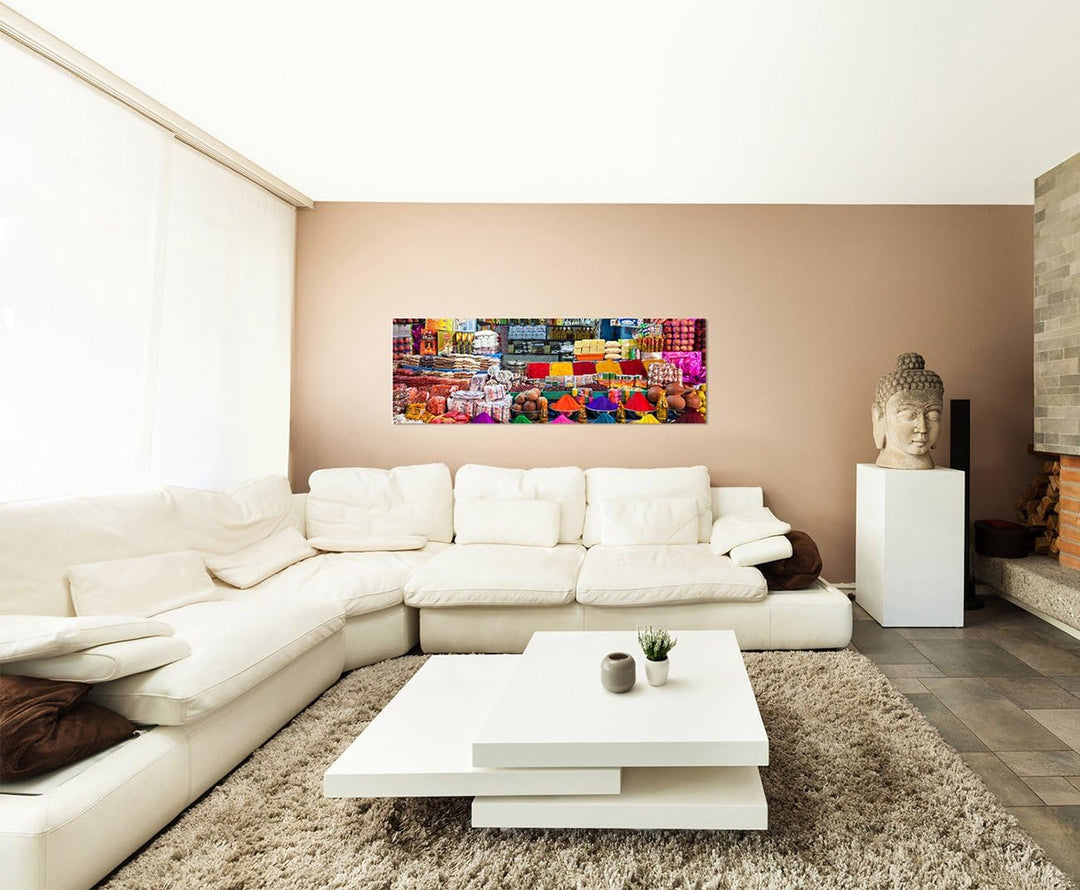 Paul Sinus Art Panoramabild auf Leinwand und Keilrahmen 150x50cm Indien Delhi Marktstand Gewürze bun