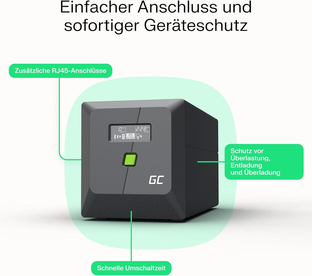 Greencell UPS 2000VA 1400W PowerProof mit LCD-Display – USV mit Reiner Sinuswelle, zuverlässiger Str