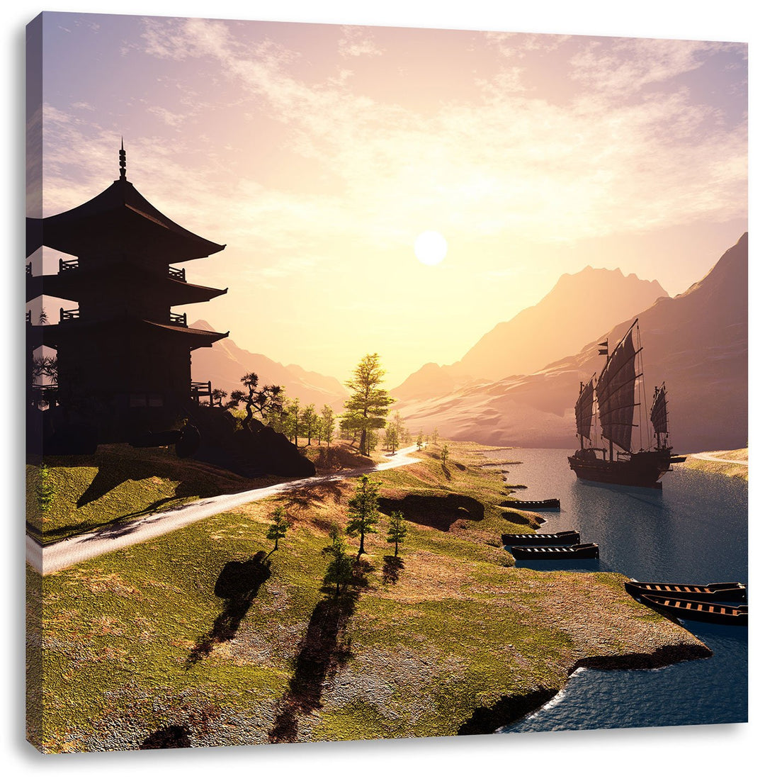 Pixxprint asiatischer Tempel an Fluss als Leinwandbild | Grösse: 70x70 cm | Wandbild | Kunstdruck |