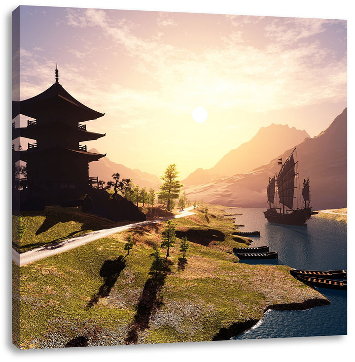 Pixxprint asiatischer Tempel an Fluss als Leinwandbild | Grösse: 70x70 cm | Wandbild | Kunstdruck |