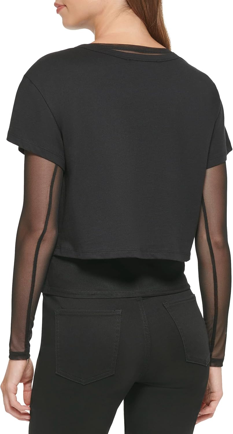 DKNY Damen Short with A Twofer Long Sleeve Mesh Top T-Shirt S Schwarz, S Schwarz