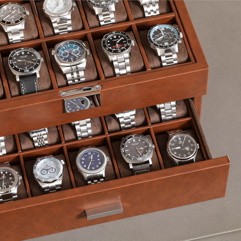 ROTHWELL Uhrenbox aus Leder mit 20 Fächern, luxuriöses Uhrengehäuse, Schmuck-Organizer, verschliessb