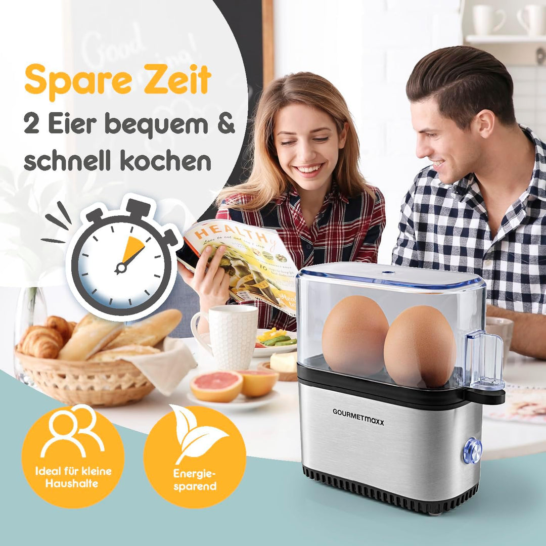 GOURMETmaxx Design Eierkocher für 2 Eier | kompakter Egg Boiler | Egg Cooker mit Eierstecher, Messbe