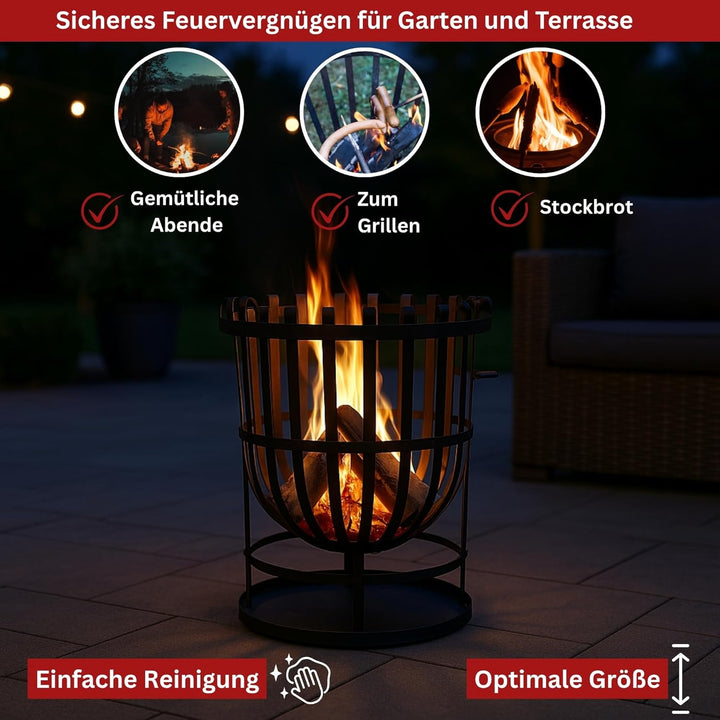 Robuster Feuerkorb Feuerstelle Eisen 55x40 cm Feuerschale mit Bodenplatte Ideal für Lagerfeuer, Gart