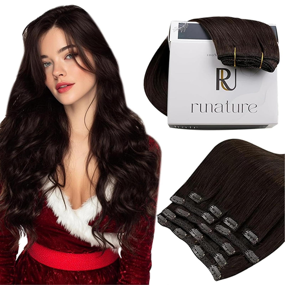 RUNATURE Echthaar Extensions Clip Braun 55cm 7pcs Clip in Extensions Echthaar Dunkelbraun Lang Haarv