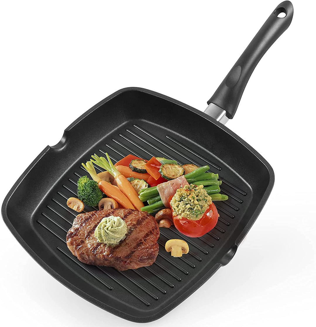 Grillpfanne 28×28 cm, Steakpfanne Induktion aus Aluminiumguss, induktionsgeeignet Pfanne, PFOA-freie