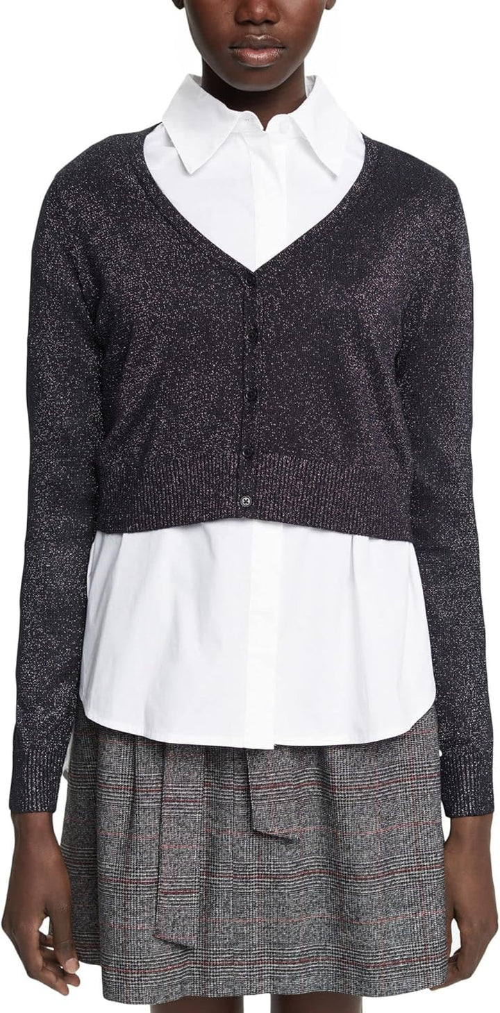 ESPRIT Kurzer Cardigan mit V-Ausschnitt und Glitzer-Effekt L 003/Black 3, L 003/Black 3