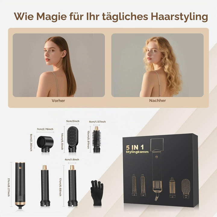 Hairstyler 5 in 1 Sendowtek, Multi Airbrush Haarstyler 1000W Airstyler Haarstyling Geräte 3 Temp Aut