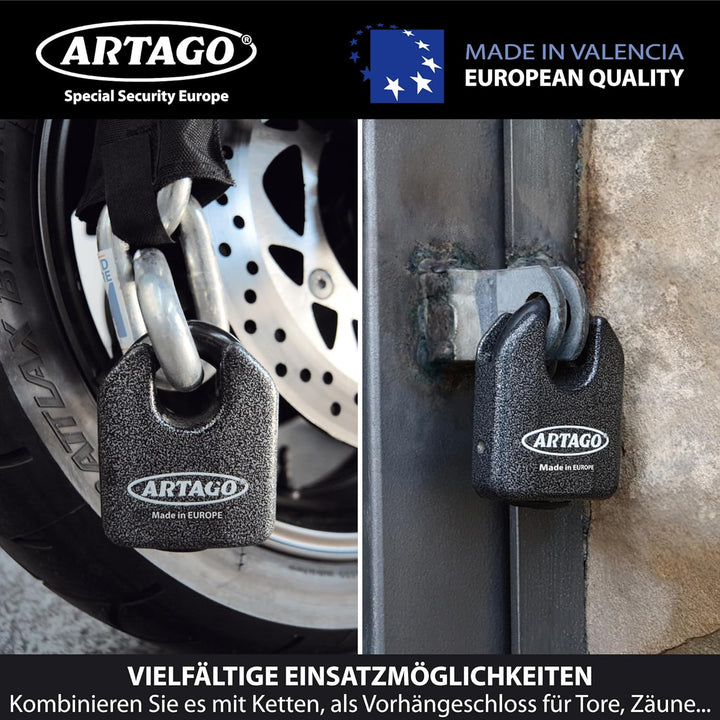Artago 68T/B Hochwertiges Vorhängeschloss MONOBLOK Geschmiedeter Stahl Höchster Stärke, Zulassung So