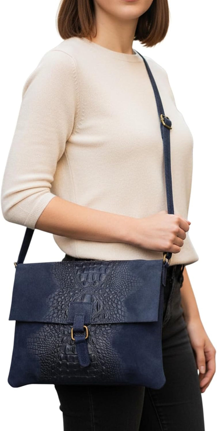 Damen Wildledertasche mittelgross, Wildleder Umhängetasche Cross Body, flache Schultertasche aus ech