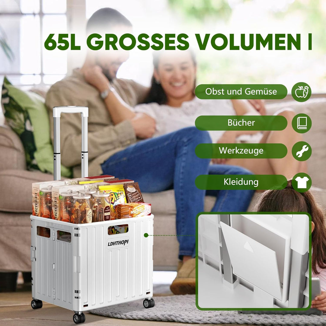 LDHTHOPI Einkaufstrolley klappbar 65L,MAX 50KG Trolley mit Teleskopgriff,4 Zerlegbaren Drehbaren Räd