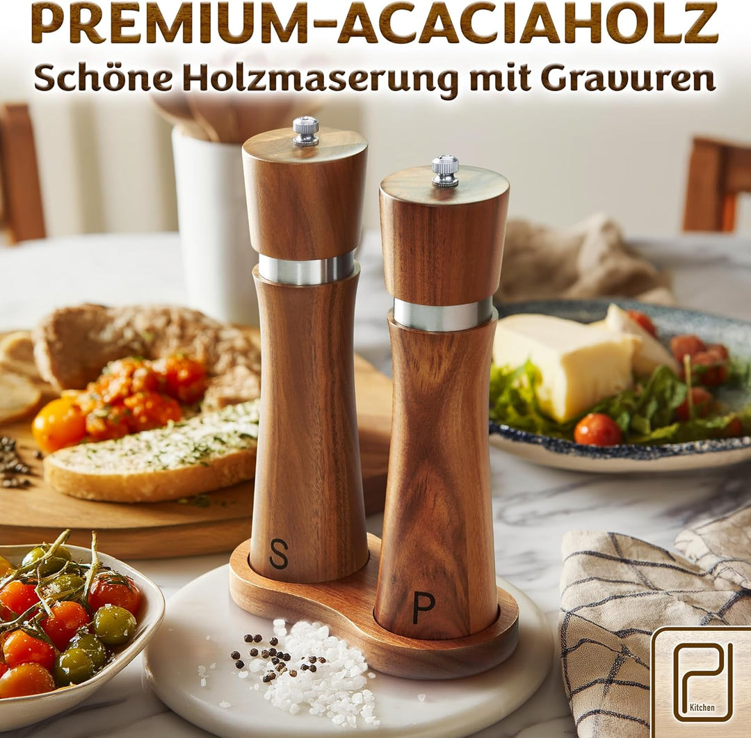 Salz- und Pfeffermühlen Set aus Akazienholz mit Tablett - 60 g pro Stück - Hohe Nachfüllbare Manuell