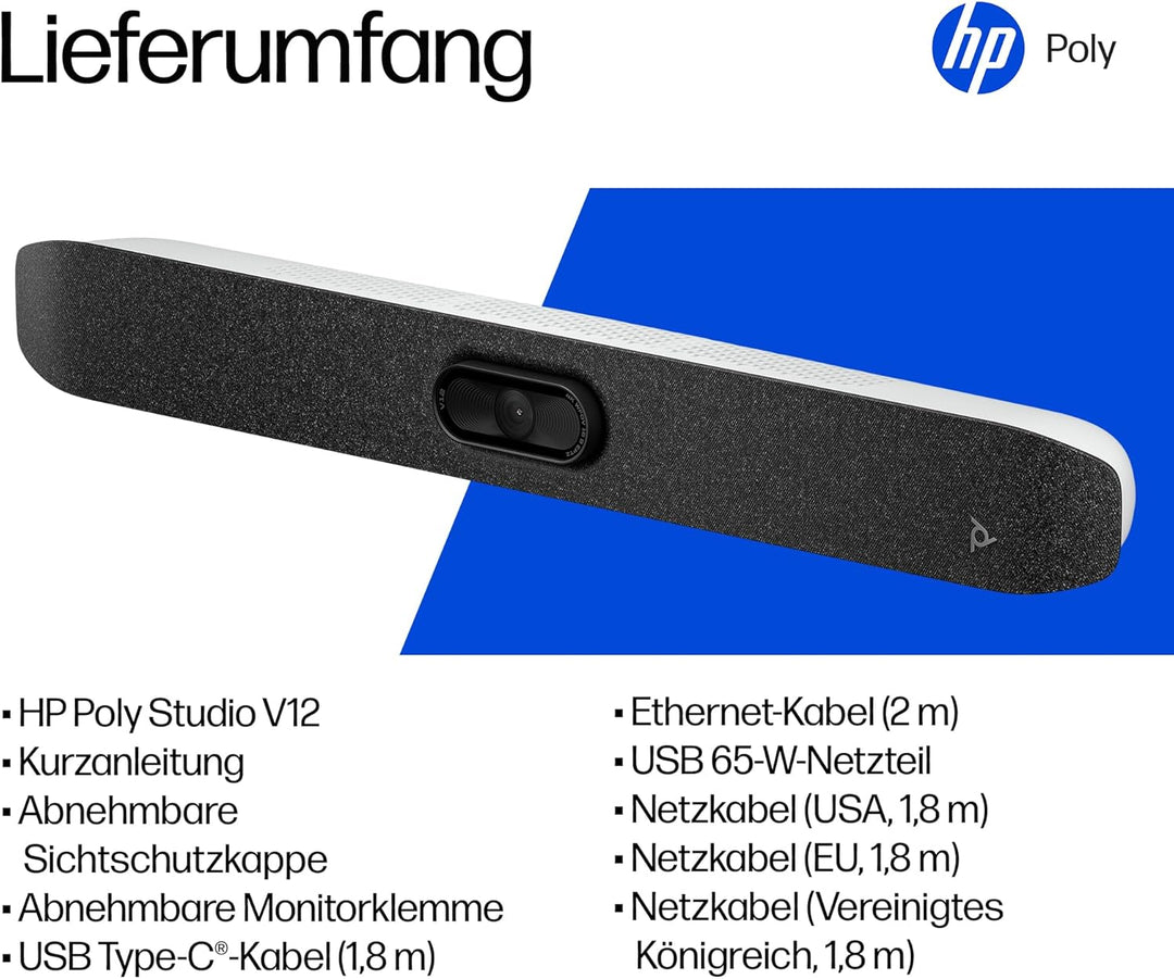 Poly Studio V12 – USB Videobar mit 20MP Kamera & 120° Weitwinkel, All-in-One Konferenzlösung mit Mik
