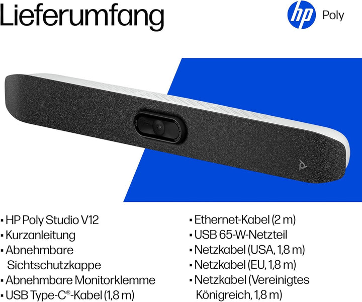 Poly Studio V12 – USB Videobar mit 20MP Kamera & 120° Weitwinkel, All-in-One Konferenzlösung mit Mik