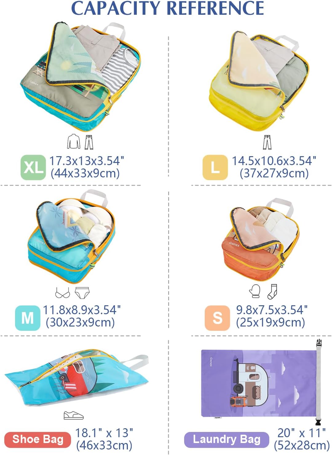 Gonex Compression Packing Cubes 6er Set, Gonex Kleidertaschen 6-teilig Verpackungswürfel, Kleidertas