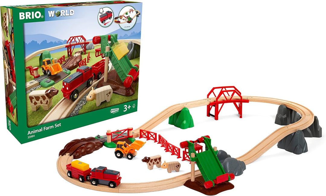 BRIO 33984 - Bauernhof Set - Holzeisenbahn mit Bauernhof, Tieren und Holzschienen - Kleinkinderspiel