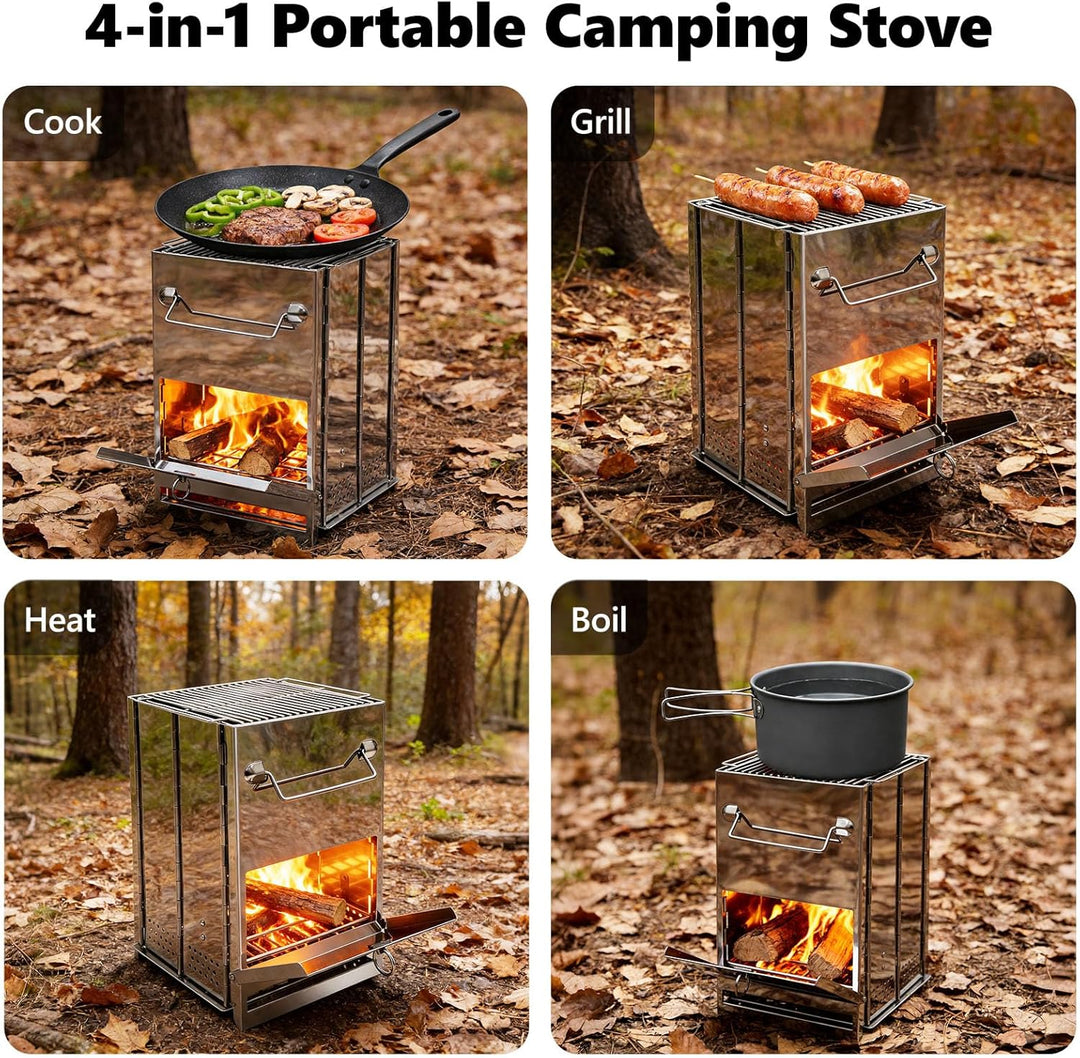 Tragbarer Camping-Holzofen aus Edelstahl, Zusammenklappbar Campinggrill mit Tragetasche, Faltbar BBQ