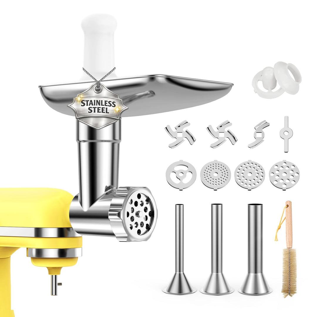 Fleischwolf Aufsatz Edelstahl für KitchenAid Standmixer - Fleischwolf Zubehör mit 4 Mahlscheibe, 3 W