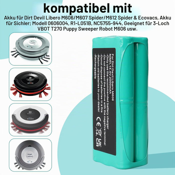 14,4 V 2000 mAh NiMH-Akku kompatibel mit Dirt Devil Libero M606/M610/M613/M607 Spider/M612 Spider, V