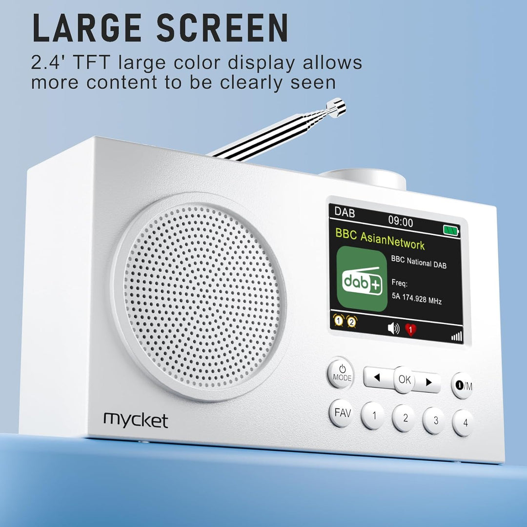 Mycket Portable DAB/DAB+ Radio, FM Digital Radios with Bluetooth, Small Rechargeable Radio, 2.4 Inch